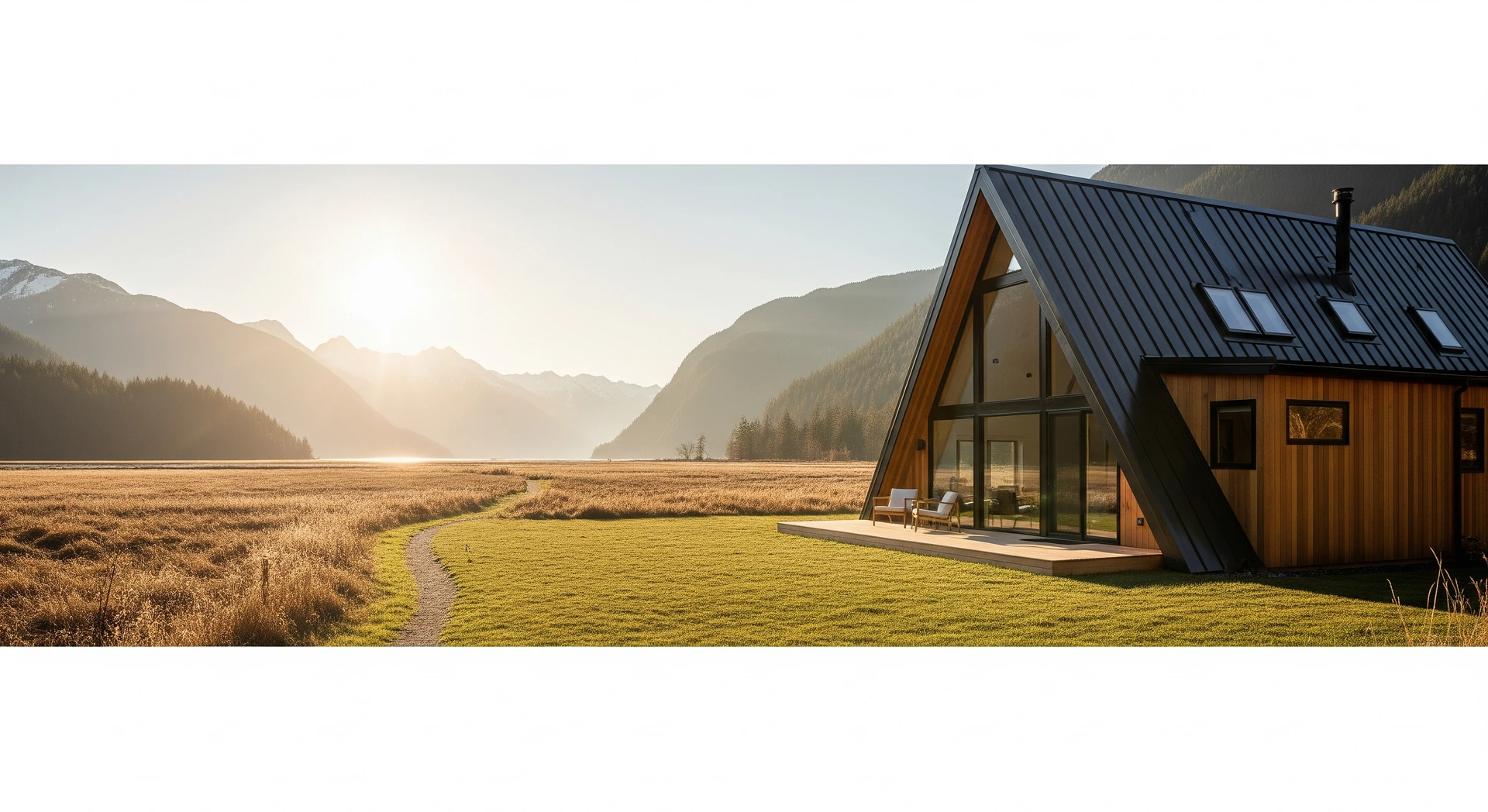A black A-frame short-term rental backlit by autumn forest
