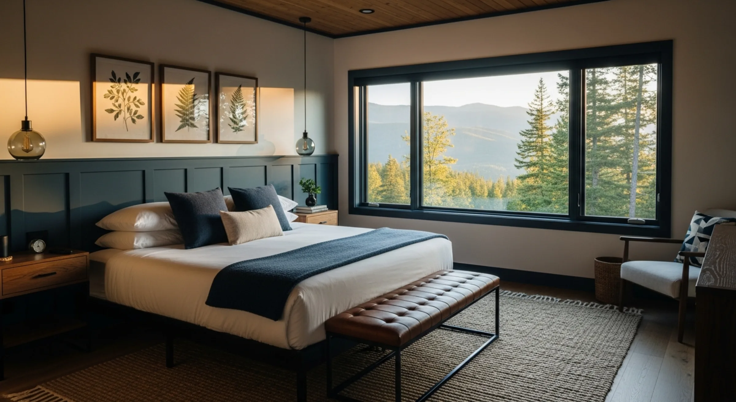 A wide editorial shot of a designed short-term rental bedroom in a modern timber-frame cabin — king bed with white linen and navy throw, navy v-groove paneled headboard wall, framed botanical art, wide window with mountain forest view at sunrise. Hospitality magazine quality.