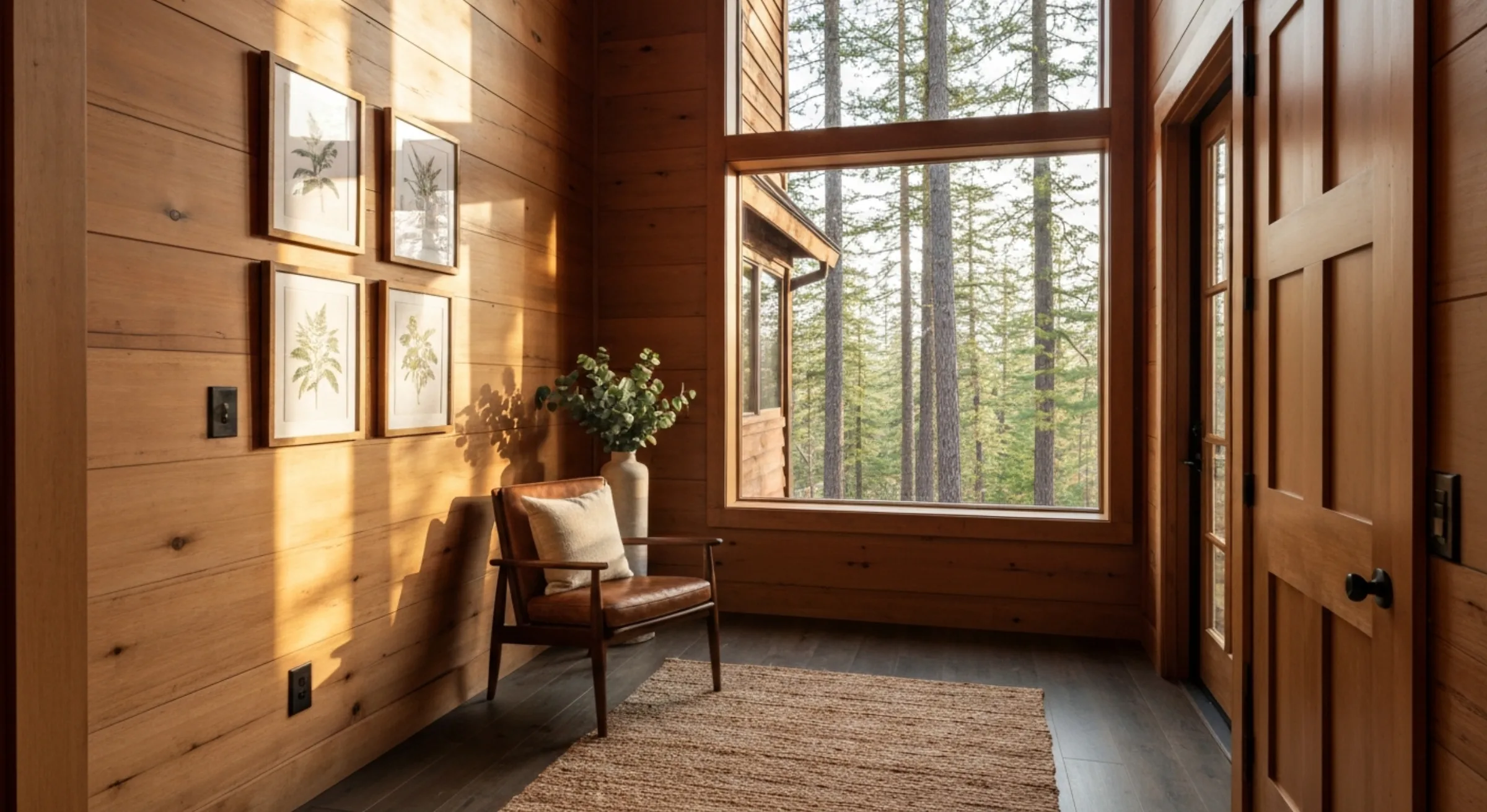 A wide editorial shot of a wood-paneled short-term rental foyer at golden hour — leather chair, gallery wall of botanical prints, ceramic vase with eucalyptus, light streaming through a tall picture window framing a forest. Suggests the host's careful stewardship of the property and the guest's stay.