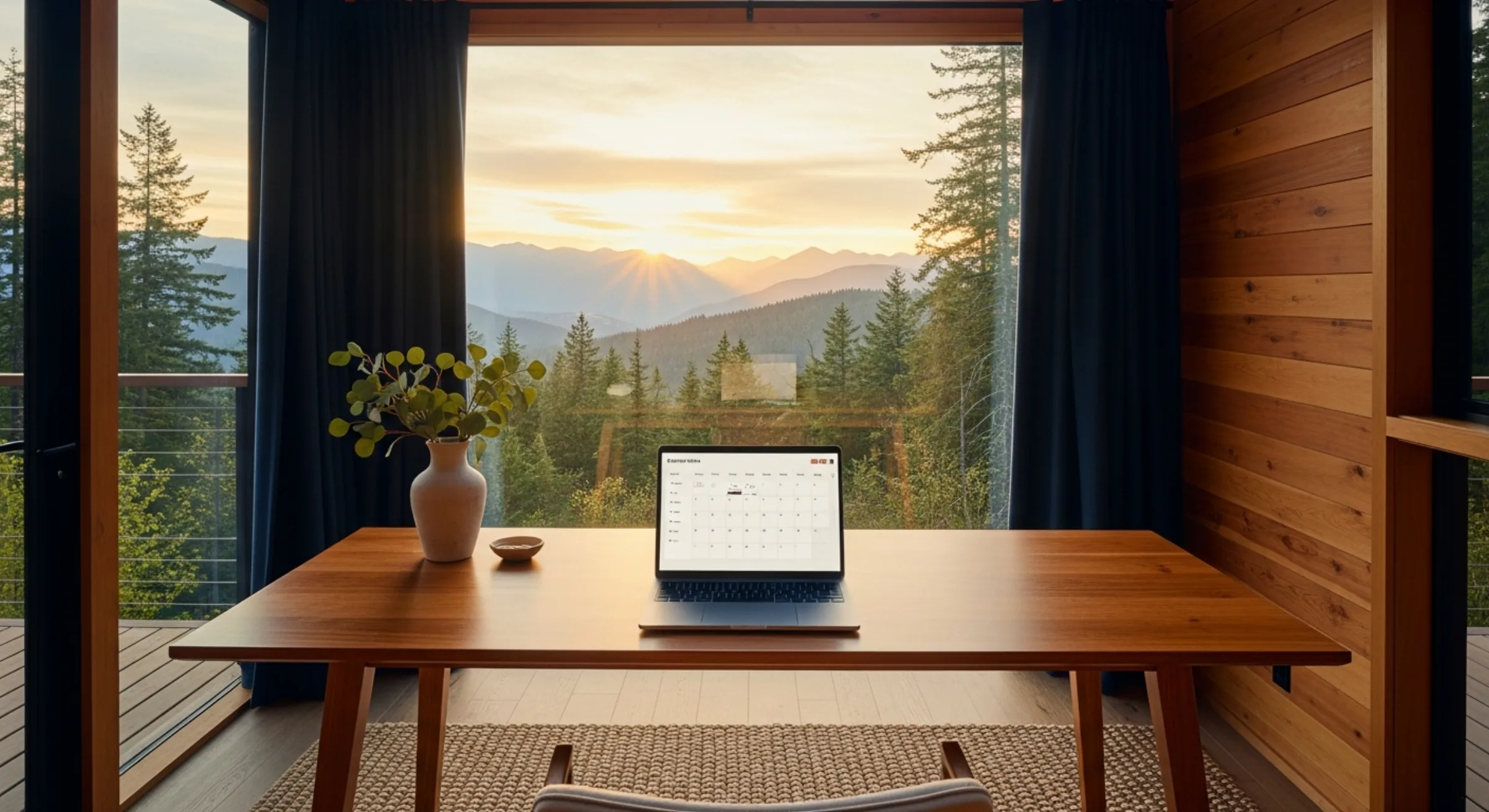 A wide editorial shot of a host's wood-cabin home office — a MacBook open on a warm wood desk showing a minimalist pricing calendar, navy curtains pulled aside, large window framing a forested mountain landscape at golden hour, ceramic vase with eucalyptus, woven rug.