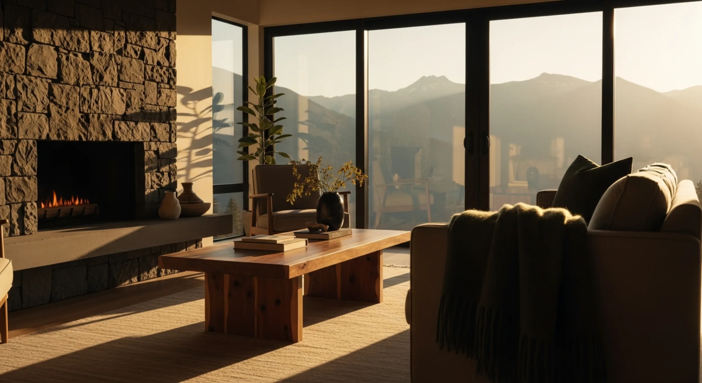 A luxury vacation rental living room interior at golden hour, stone fireplace lit, mountain view through floor-to-ceiling windows